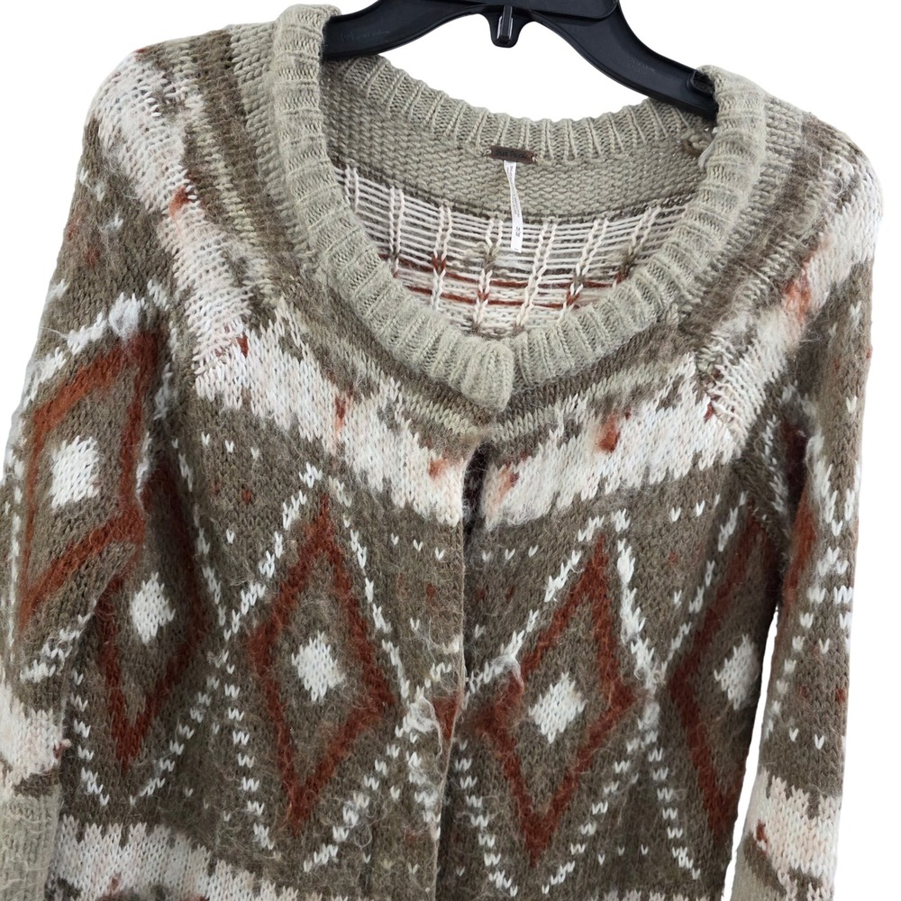 Free People Mohair Wool Blend Geometric Diamond Duster Cardigan Sweater Tan M